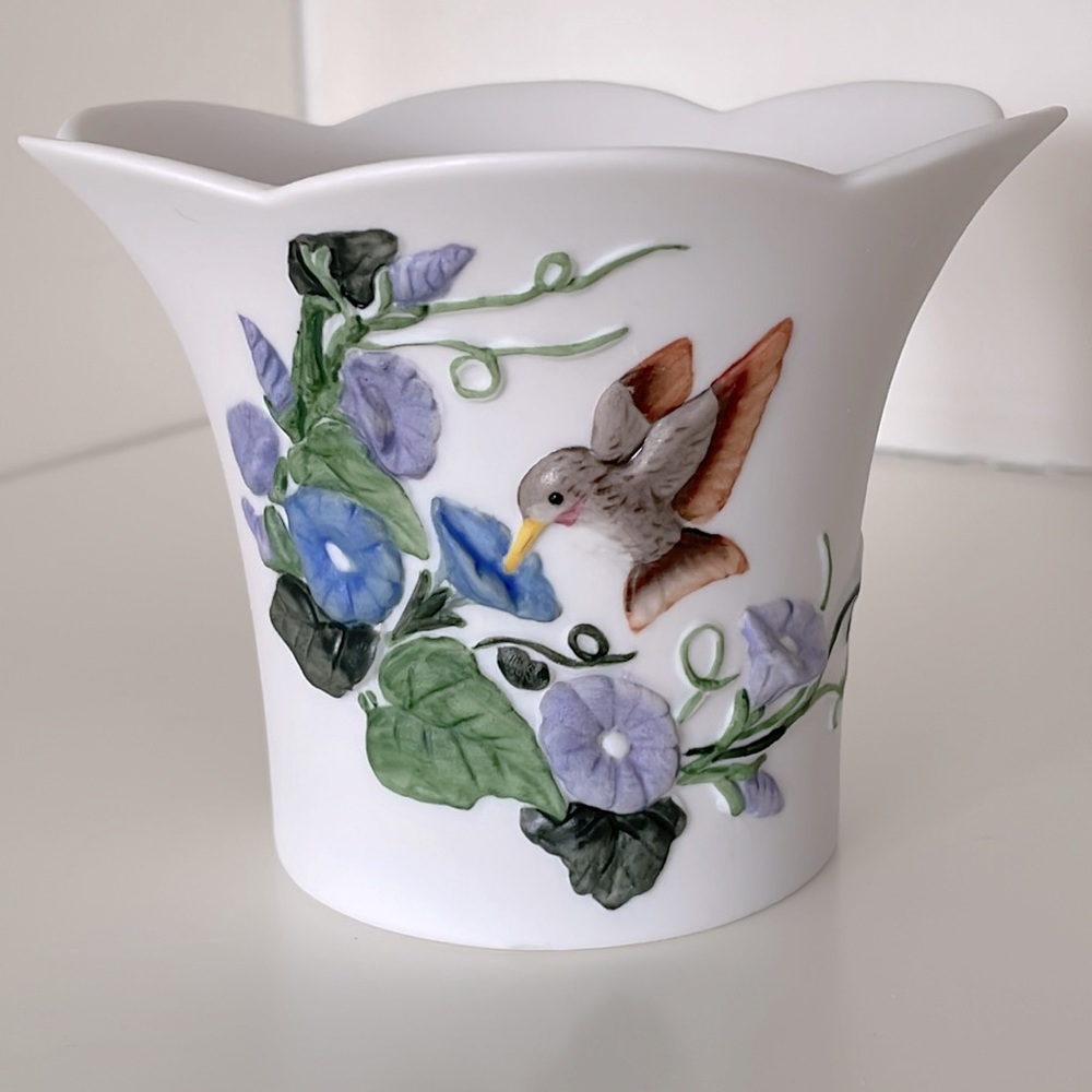Napco, bisque, tea light holder with Hummingbird and Morning Glories